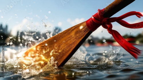 paddle. Dragon boat paddle cutting through water with red ribbon, dynamic action. event key visuals, club posters, designed for fitness apps and gym onboarding, boosts motivation.