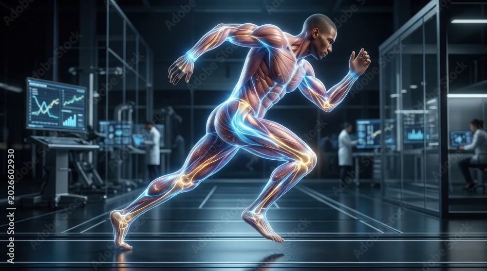 Obraz premium Human anatomy visualization of a runner in a futuristic science lab