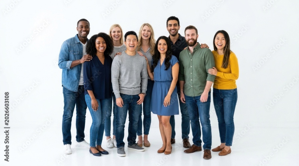 Obraz premium A diverse group of people standing together in a white room, smiling and looking at the camera.