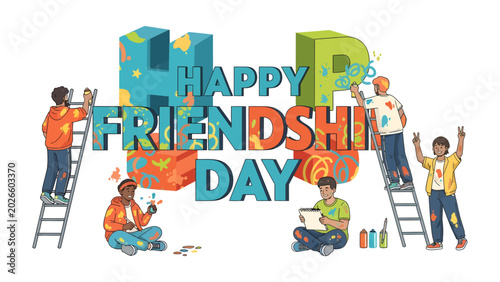 Valokuva Happy Friendship Day: Children joyfully create a vibrant Happy Friendship Day mural, celebrating camaraderie and shared creativity with paint and brushes