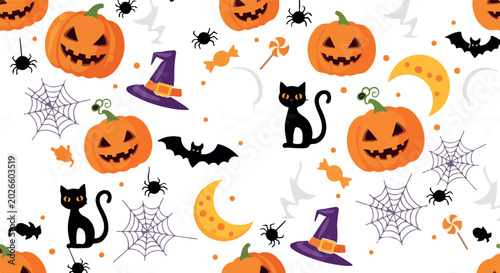 Cute Seamless Halloween Spooky Icons Vector Pattern Background Design Illustration