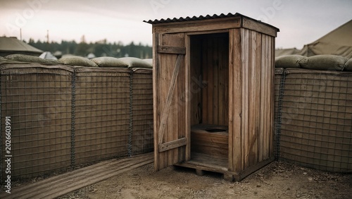 latrine. A simple wooden latrine structure in a military camp corner. gardening catalogs, home-decor guides, designed for home decor and floral branding, celebrates nature.