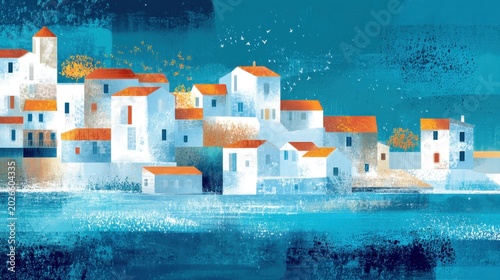 Mediterranean coastal village with white house and orange roof by the sea. Artistic illustration of a seaside town. Summer travel and vacation concept. Scenic landscape painting.