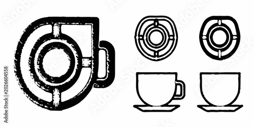 Fotografía technical drawing of coffee pot and cup with saucer black and white