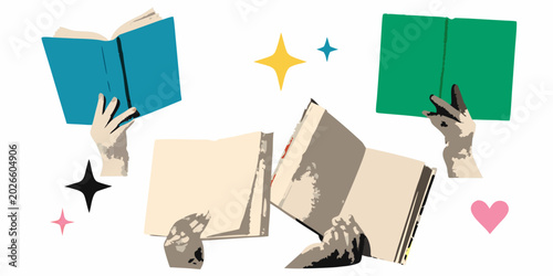 Foto vector illustration of hands holding open books with sparkles