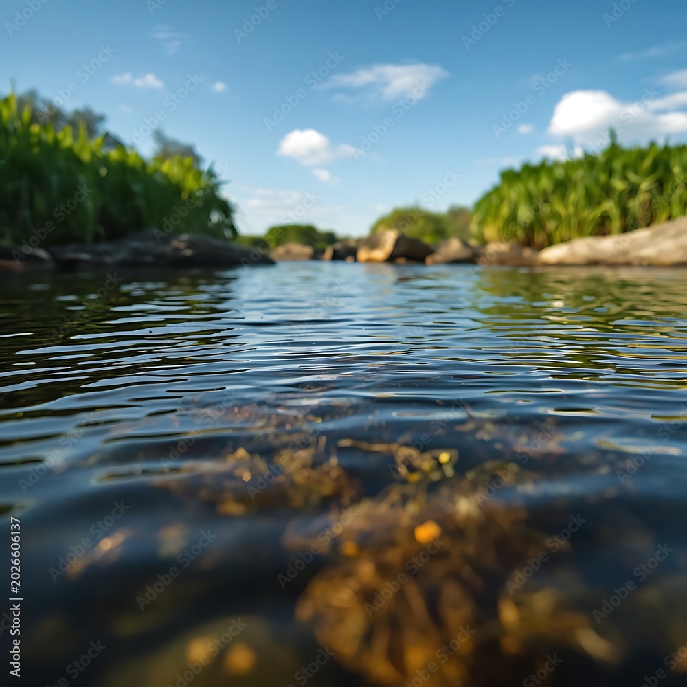 Obraz premium Serene natural water scene with gentle ripples on the surface, surrounded by lush green vegetation and a few rocks, under a clear blue sky with a few white clouds, with warm sunlight casting a gentle 