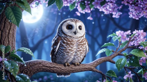 Owl perched on blossoming branch moonlight