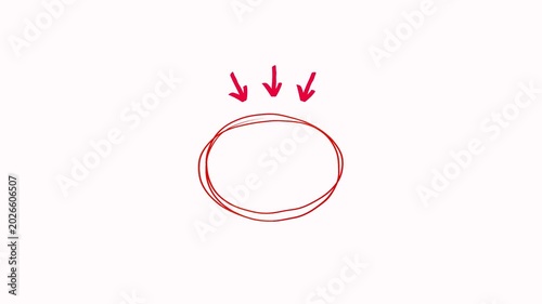Hand-drawn doodle red sketch circle highlight with arrow pointing on white background. Chalk sketch elements for representing focus, attention, target goal or a key business data highlight for videos
