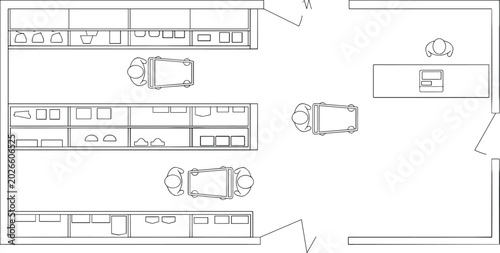 Architectural floor plan of a retail store, top view supermarket layout with grocery shelves and shopping carts, interior shop design vector