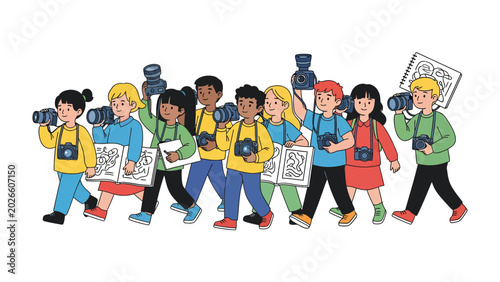 Canvastavla Young photographers on adventure: A group of excited children, equipped with cameras and maps, embark on an adventure, eager to capture the world through their lens