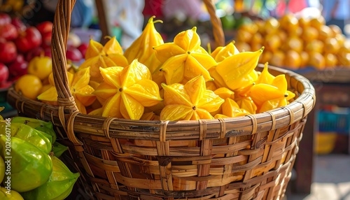 A close-up showcases a woven basket overflowing with bright yellow star fruits at an outdoor market, alongside other fruits