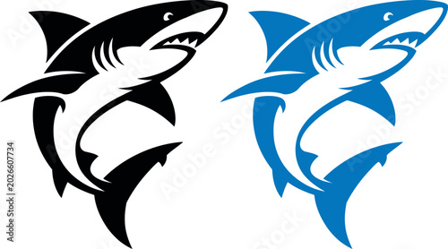 Black and blue great white shark vector icons facing opposite directions