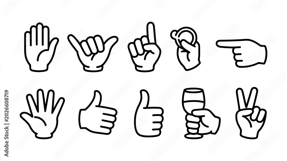 Fototapeta premium Collection of hand gestures icons including open palms shaka pointing holding a wine glass with communication