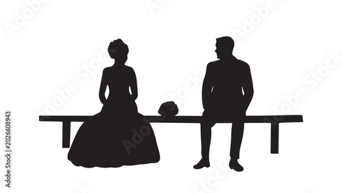 Wedding couple silhouette sitting on bench, bride and groom black vector illustration, romantic marriage ceremony scene, elegant formal wear figures