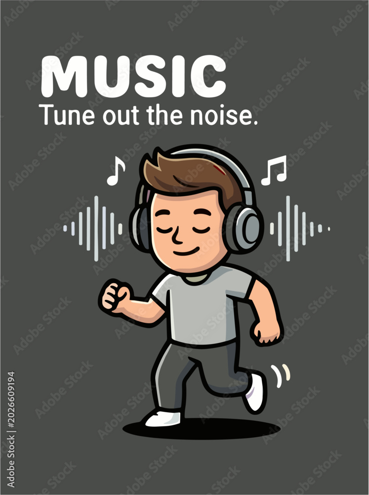 Naklejka premium Young boy listening to music with wireless headphones, relaxing sound wave concept