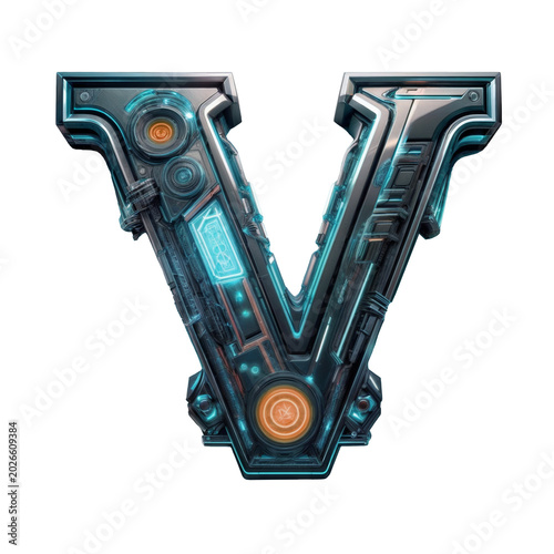 Isolated capital letter V in SciFi style mainly in metal with some orange lightings with lots of technical details on a white background