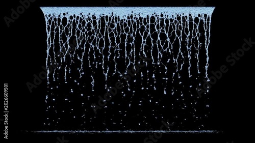 Front view of Dripping Water with a Small Flow from a large linear source to the ground on a black background