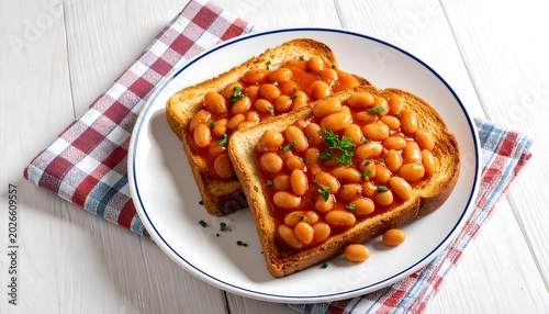 A close-up shows two slices of golden toast laden with baked beans on a white plate atop a checkered cloth