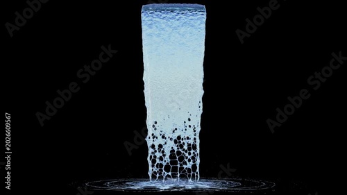 Front view of Flowing Water with a Large Flow from a short surface source to the ground on a black background