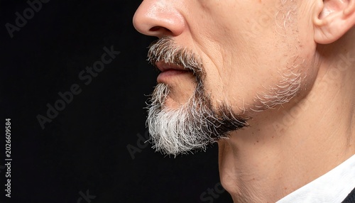 A close-up side profile features the jawline, chin, nose, and lips of a person with a salt-and-pepper beard. A stark black background