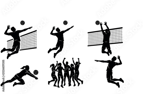 Volleyball Silhouettes Set – Spike, Block, Jump Serve, Dig, Team Celebration & Diving Poses Vector