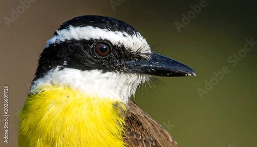 A close-up side profile of a small bird featuring a black and white head, yellow chest, and brown body, focused on its eye