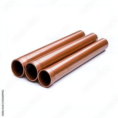 Three Shiny Copper Pipes on White Background