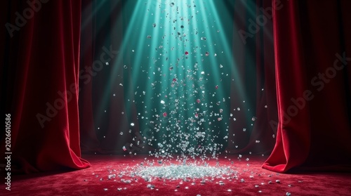 Red velvet curtains reveal falling confetti under teal spotlights stage teal light
