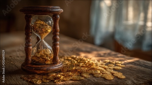 Hourglass filled with gold coins on weathered wood with blurred background.