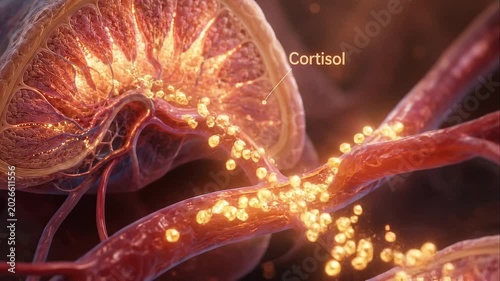 Cortisol release concept showing hormone secretion from adrenal gland into bloodstream with glowing particles representing detailed anatomy biology and illustrating stress response in human body