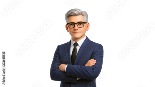 Businessman cartoon character with gray hair and glasses standing confidently with arms crossed on a white background. Office worker in 3d design style