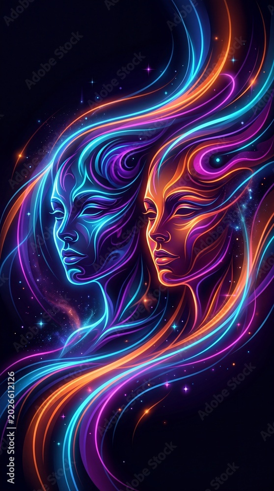 Obraz premium Gemini zodiac sign represented by twin woman faces in cosmic style. Abstract glowing illustration of dual personalities with colorful light trails. Astrology concept for celestial art