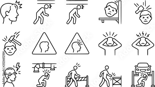 Valokuva Black and White Line Art Icons of Workplace Safety and Head Injury Hazards