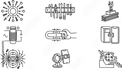 Fotografie Black and white line art icons of magnets, tools, and magnetic devices for scien