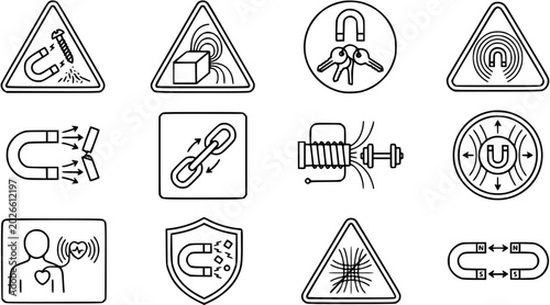 Obraz na płótnie Magnetism warning signs and icons: physics, science, danger, magnetic fields, at