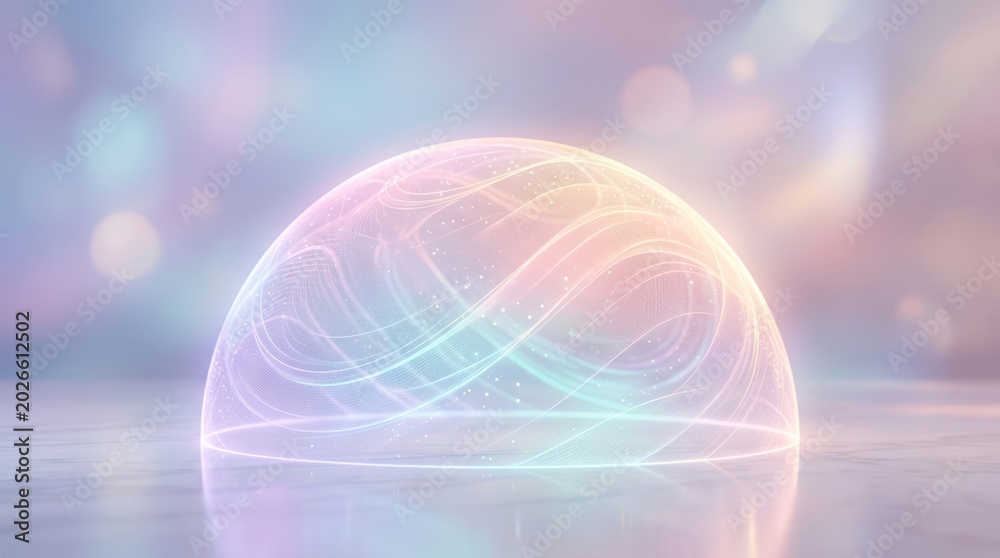 Obraz premium Abstract glowing sphere displayed on a reflective surface with bokeh background