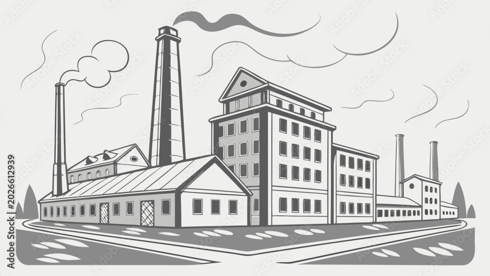 Obraz premium Vintage factory building with multiple chimneys emitting smoke against a cloudy sky industry industrial
