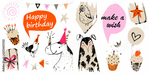 whimsical vector birthday collage with animals and party elements