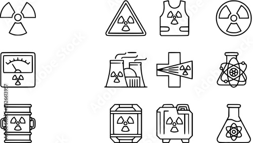 Foto Nuclear Radiation Warning Icons, Set of Vector Line Art Symbols on White Backgro