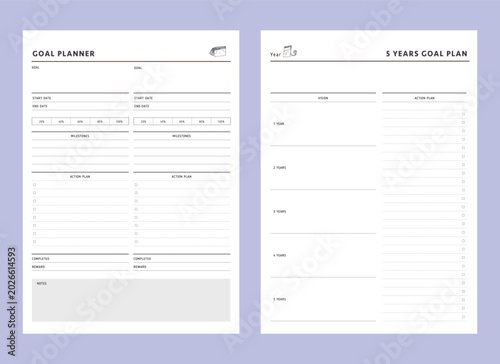 goal planner and 5 year planner. Minimalist planner template set. Vector illustration.