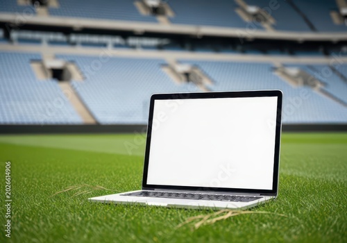 Modern laptop with empty screen on a green grass field in a stadium