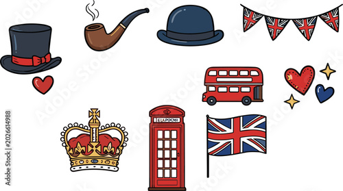 Photography British Symbols Collection with Red Telephone Booth Double Decker Bus Union Jack
