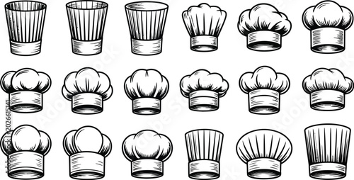 Bild auf Leinwand Chef hat vector set, hand drawn line art cooking toques in multiple styles for restaurant bakery and culinary branding
