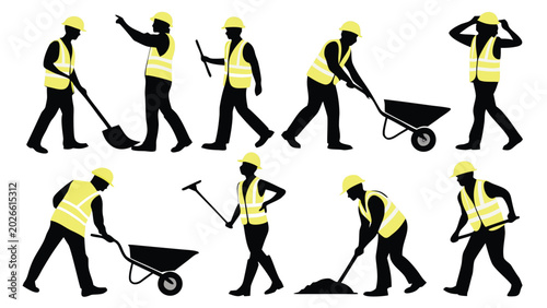 Construction workers silhouette set in high visibility safety vests with construction silhouette wheelbarrow
