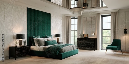 Art deco glam emerald velvet low platform bed with tall headboard and black lacquer dressers for spacious luxury bedroom interior and hotel suite inspiration
