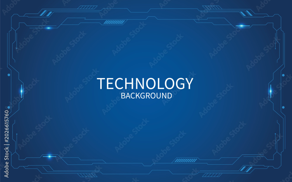 Obraz premium Futuristic technology background with blue digital circuit frame and glowing light effects. Cyberpunk style HUD interface border for tech banner design.