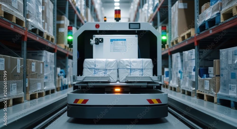 Obraz premium Autonomous robotic forklift transporting packages through modern warehouse aisles