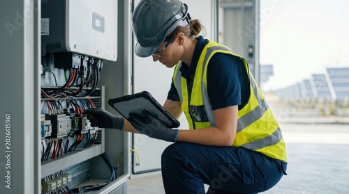 Female technician wearing safety gear inspecting electrical components inside a solar power inverter cabinet at a photovoltaic farm during daylight maintenance work.