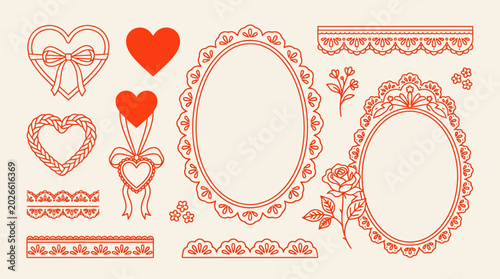 Set of ornate red vintage frames and heart motifs with lace borders for romantic design and Valentine's Day graphics