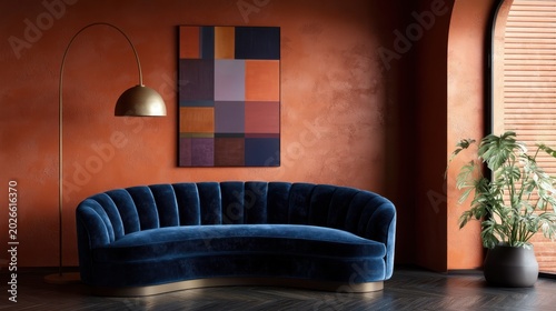 Contemporary terracotta living room with curved deep navy blue velvet sofa for modern interior background and decor staging